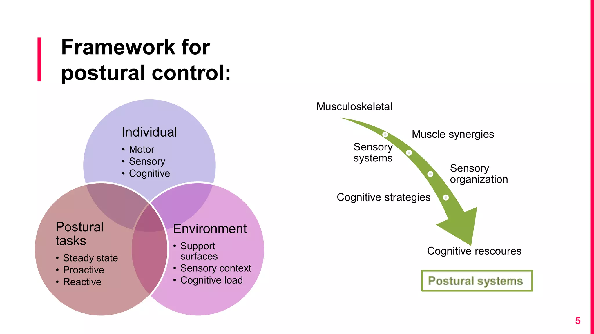 Framework for
postural control:
Musculoskeletal
Muscle synergies
Sensory
systems
Sensory
organization
Cognitive strategies
Cognitive rescoures
5
Individual
• Motor
• Sensory
• Cognitive
Environment
• Support
surfaces
• Sensory context
• Cognitive load
Postural
tasks
• Steady state
• Proactive
• Reactive
 