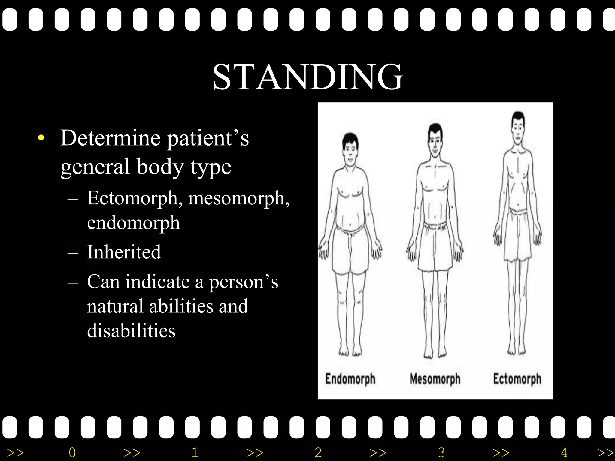 >> 0 >> 1 >> 2 >> 3 >> 4 >>
STANDING
• Determine patient’s
general body type
– Ectomorph, mesomorph,
endomorph
– Inherited
– Can indicate a person’s
natural abilities and
disabilities
 