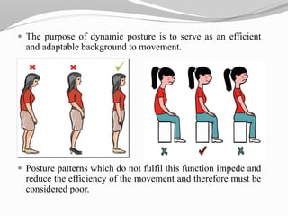  The purpose of dynamic posture is to serve as an efficient
and adaptable background to movement.
 Posture patterns which do not fulfil this function impede and
reduce the efficiency of the movement and therefore must be
considered poor.
 