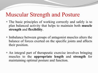 Muscular Strength and Posture
 The basic principles of working correctly and safely is to
plan balanced activity that helps to maintain both muscle
strength and flexibility.
 Imbalance between groups of antagonist muscles alters the
balance of forces exerted on the specific joints and affects
their position.
 An integral part of therapeutic exercise involves bringing
muscles to the appropriate length and strength for
maintaining optimal posture and function.
 