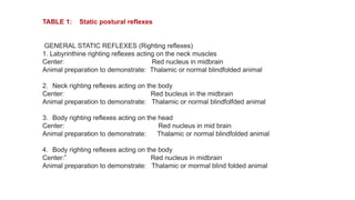 TABLE 1: Static postural reflexes
Reflex
Center
GENERAL STATIC REFLEXES (Righting reflexes)
1. Labyrinthine righting reflexes acting on the neck muscles
Center: Red nucleus in midbrain
Animal preparation to demonstrate: Thalamic or normal blindfolded animal
2. Neck righting reflexes acting on the body
Center: Red bucleus in the midbrain
Animal preparation to demonstrate: Thalamic or normal blindfolfded animal
3. Body righting reflexes acting on the head
Center: Red nucleus in mid brain
Animal preparation to demonstrate: Thalamic or normal blindfolded animal
4. Body righting reflexes acting on the body
Center:” Red nucleus in midbrain
Animal preparation to demonstrate: Thalamic or mormal blind folded animal
 
