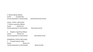 5. Optical righting reflexes
Center: Occipital lobe
Animal preparation to demonstrate: Labyrinthectomized animal
LOCAL STATIC REFLEXES
1. Positive supporting reflexes
Center: Spinal cord
Animal preparation to demonstrate: Decorticate animal
2. Negative supporting reflexes
Center: Spinal cord
Animal preparation to demonstrate: Decorticate animal
SEGMENTAL STATIC REFLEXES
3. Crossed extensor reflex
Center Spinal cord
Animal preparation to demonstrate Spinal animals
 