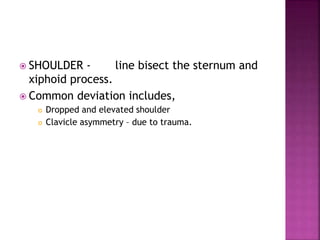  SHOULDER - line bisect the sternum and
xiphoid process.
 Common deviation includes,
 Dropped and elevated shoulder
 Clavicle asymmetry – due to trauma.
 