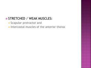  STRETCHED / WEAK MUSCLES:
 Scapular protractor and
 Intercostal muscles of the anterior thorax
 