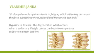 VLADIMIR JANDA
Hypokinetic Disease: The degeneration which occurs
when a sedentary lifestyle causes the body to compensate
subtly to maintain stability.
“Prolonged muscle tightness leads to fatigue, which ultimately decreases
the force available to meet postural and movement demands”
Janda V, Kraus J. Neurologie pro rehabilitacni pracovniky [Neurology for Physiotherapists]. Prague: Avicenumzdravotnicke nakladatelstvi, 1987:126
 