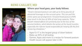 RENE CAILLIET, MD
“Head in forward posture can add up to thirty pounds of
abnormal leverage on the cervical spine. This can pull the
entire spine out of alignment. Forward head posture (FHP)
may result in the loss of 30% of vital lung capacity. These
breath-related effects are primarily due to the loss of the
cervical lordosis, which blocks the action of the hyoid muscles,
especially the inferior hyoid responsible for helping lift the first
rib during inhalation.”
Where your head goes, your body follows
 Ages13-17 is the largest group of down lookers
 Make up 50% of all texting.
 Games, Apps and more is a recipe for forward posture
 Health issues will appear later in life
Cailliet R, Gross L, Rejuvenation Strategy. New York, Doubleday and Co. 1987
 