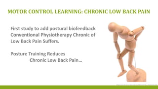 MOTOR CONTROL LEARNING: CHRONIC LOW BACK PAIN
First study to add postural biofeedback
Conventional Physiotherapy Chronic of
Low Back Pain Suffers.
Posture Training Reduces
Chronic Low Back Pain…
Magnusson ML et Al. Spine July 15 2008 Vol 33 No. 16 pp E532-E538
 