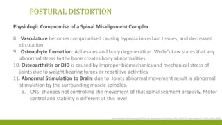 POSTURAL DISTORTION
Physiologic Compromise of a Spinal Misalignment Complex
8. Vasculature becomes compromised causing hypoxia in certain tissues, and decreased
circulation
9. Osteophyte formation: Adhesions and bony degeneration. Wolfe’s Law states that any
abnormal stress to the bone creates bony abnormalities
10. Osteoarthritis or DJD is caused by improper biomechanics and mechanical stress of
joints due to weight bearing forces or repetitive activities
11. Abnormal Stimulation to Brain: due to Joints abnormal movement result in abnormal
stimulation by the surrounding muscle spindles.
a. CNS: changes not controlling the movement of that spinal segment properly. Motor
control and stability is different at this level
The Principles of Posturology 2015 by Dr. Krista Burns DC, DrHA, CPE, CPEP Dr. Mark Wade DC, DrPH, CPE, CPEP
 