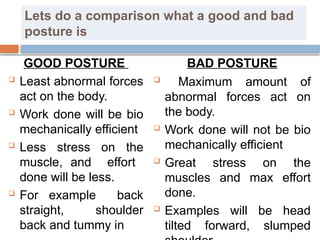 Lets do a comparison what a good and bad
posture is
GOOD POSTURE
 Least abnormal forces
act on the body.
 Work done will be bio
mechanically efficient
 Less stress on the
muscle, and effort
done will be less.
 For example back
straight, shoulder
back and tummy in
BAD POSTURE
 Maximum amount of
abnormal forces act on
the body.
 Work done will not be bio
mechanically efficient
 Great stress on the
muscles and max effort
done.
 Examples will be head
tilted forward, slumped
 