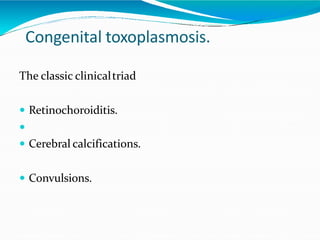 Congenital toxoplasmosis.
The classic clinicaltriad
 Retinochoroiditis.

 Cerebral calcifications.
 Convulsions.
 