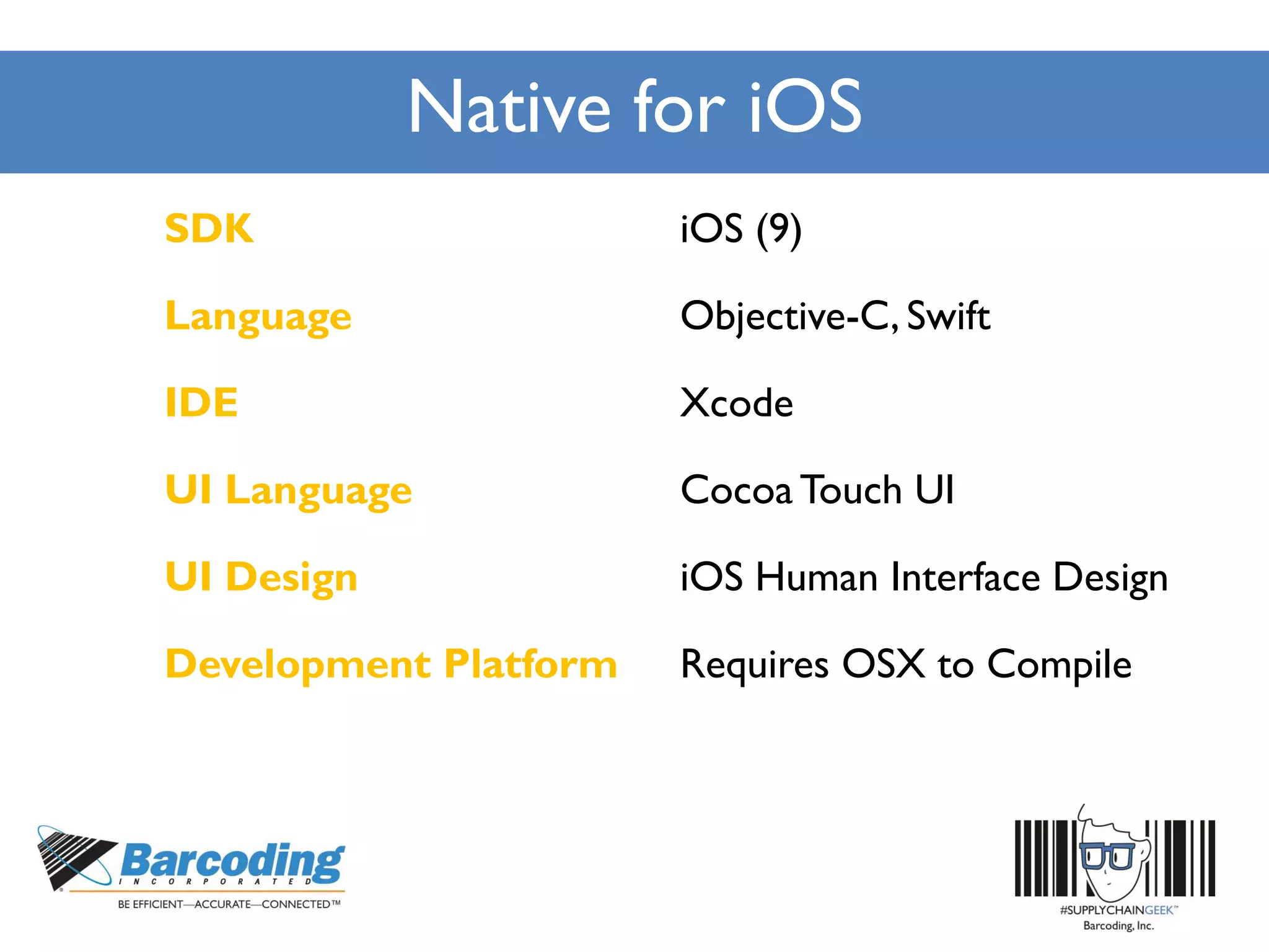 Native for iOS
SDK iOS (9)
Language Objective-C, Swift
IDE Xcode
UI Language Cocoa Touch UI
UI Design iOS Human Interface Design
Development Platform Requires OSX to Compile
 
