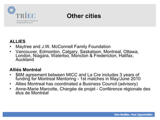 Other cities ALLIES Maytree and J.W. McConnell Family Foundation Vancouver, Edmonton, Calgary, Saskatoon, Montreal, Ottawa, London, Niagara, Waterloo, Moncton & Fredericton, Halifax, Auckland Alliés Montréal $6M agreement between MICC and La Cre includes 3 years of funding for Montreal Mentoring - 1st matches in May/June 2010 Allies Montreal has coordinated a Business Council (advisory) Anne-Marie Marcotte, Chargée de projet - Conférence régionale des élus de Montréal 