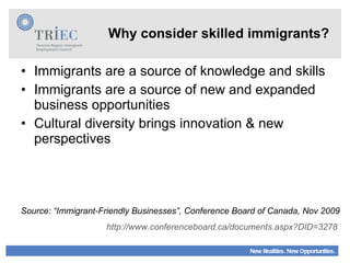 Immigrants are a source of knowledge and skills Immigrants are a source of new and expanded business opportunities Cultural diversity brings innovation & new perspectives Source: “Immigrant-Friendly Businesses”, Conference Board of Canada, Nov 2009 http://www.conferenceboard.ca/documents.aspx?DID=3278   Why consider skilled immigrants? 
