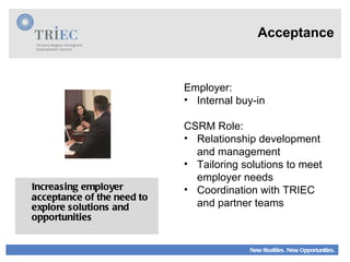 Acceptance Increasing employer  acceptance  of the need to explore solutions and opportunities Employer: Internal buy-in CSRM Role: Relationship development and management Tailoring solutions to meet employer needs  Coordination with TRIEC and partner teams 