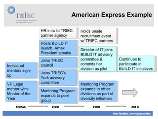 American Express Example VP Legal mentor wins Mentor of the Year Mentoring Program expands to peer group Holds onsite recruitment event w/ TRIEC partners Joins TRIEC council 2008 2005/6 2009 2010 Individual mentors sign-up Joins TRIEC’s York advisory committee HR intro to TRIEC partner agency Hosts BUILD IT launch, Amex President speaks Mentoring Program expands to other divisions as part of diversity initiatives Director of IT joins BUILD IT advisory committee & commits her division as pilot Continues to participate in BUILD IT initiatives 