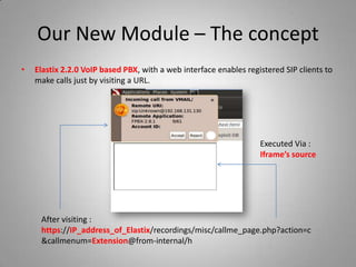 Our New Module – The concept
• Elastix 2.2.0 VoIP based PBX, with a web interface enables registered SIP clients to
make calls just by visiting a URL.
After visiting :
https://IP_address_of_Elastix/recordings/misc/callme_page.php?action=c
&callmenum=Extension@from-internal/h
Executed Via :
Iframe’s source
 