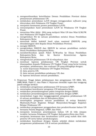 n. mengoordinasikan keterlibatan Dewan Pendidikan Provinsi dalam
pemantauan pelaksanaan UN;
o. melakukan pemindaian LJUN dengan menggunakan software yang
ditentukan oleh Pelaksana UN Tingkat Pusat;
p. menjamin keamanan proses pemindaian LJUN;
q. menyampaikan hasil pemindaian LJUN ke Pelaksana UN Tingkat
Pusat.
r. menerima Nilai Akhir (NA) yang meliputi Nilai UN dan Nilai S/M/PK
dari Pelaksana UN Tingkat Pusat;
s. mengirimkan NA ke satuan pendidikan melalui Dinas Pendidikan
Kabupaten/Kota;
t. mencetak daftar kolektif hasil ujian nasional (DKHUN) yang
ditandatangani oleh Kepala Dinas Pendidikan Provinsi;
u. mengisi SKHUN;
v. mengirimkan DKHUN dan SKHUN ke satuan pendidikan melalui
Dinas Pendidikan Kabupaten/Kota;
w. mendistribusikan ijazah Paket B/Wustha ke Dinas Pendidikan
Kabupaten/Kota
dan
ke
Kantor
Kementerian
Agama
Kabupaten/Kota;
x. mengevaluasi pelaksanaan UN di wilayahnya; dan
y. membuat laporan pelaksanaan UN Tingkat Provinsi untuk
disampaikan kepada Pelaksana UN Tingkat Pusat yang berisi tentang
persiapan, pelaksanaan, dan evaluasi UN yang dilengkapi dengan:
1) surat keputusan Pelaksana UN Tingkat Provinsi;
2) data peserta UN;
3) data satuan pendidikan pelaksana UN; dan
4) laporan kelulusan satuan pendidikan.
4. Perguruan Tinggi dalam pelaksanaan dan pengawasan UN SMA, MA,
SMK/MAK, Paket C, dan Paket C Kejuruan memiliki tugas dan tanggung
jawab sebagai berikut:
a. melakukan pengawasan pelaksanaan UN bersama LPMP;
b. menetapkan koordinator pengawas UN kabupaten/kota;
c. melakukan penandatanganan pakta integritas dengan BSNP;
d. melakukan penandatanganan pakta integritas dengan LPMP;
e. menjelaskan tugas dan tangggungjawab pengawas pelaksanaan UN
di satuan pendidikan dan di Kabupaten/Kota;
f. menetapkan pengawas satuan pendidikan di setiap Sekolah/
Madrasah/Pusat Kegiatan Belajar Masyarakat/Sanggar Kegiatan
Belajar Pelaksana UN.
g. melakukan pengawasan penggandaan dan pendistribusian bahan UN
bersama Panitia Regional, LPMP, dan Polri;
h. menjamin keamanan penyimpanan bahan UN di titik simpan
terakhir bersama Pelaksana UN Tingkat Kabupaten/Kota dan Polri;
i. menjamin keamanan dan kerahasiaan LJUN yang sudah diisi oleh
peserta UN serta bahan pendukungnya;
j. melakukan koordinasi dengan kepala sekolah dalam melakukan
pengawasan pelaksanaan UN di satuan pendidikan;
10

 