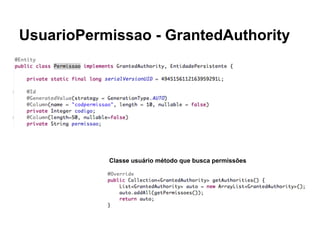 UsuarioPermissao - GrantedAuthority
Classe usuário método que busca permissões
 