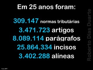 RobertoDiasDuarte
Fonte: IBPT
309.147 normas tributárias
3.471.723 artigos
8.089.114 parágrafos
25.864.334 incisos
3.402.288 alíneas
Em 25 anos foram:
 