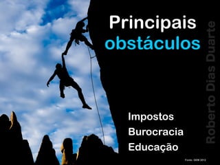 RobertoDiasDuarte
Principais
obstáculos
Impostos
Burocracia
Educação
Fonte: GEM 2012
 