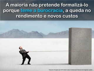 RobertoDiasDuarte
A maioria não pretende formalizá-lo
porque teme a burocracia, a queda no
rendimento e novos custos
Pesquisa divulgada pelo SPC Brasil e pela Confederação Nacional de Dirigentes Lojistas
 