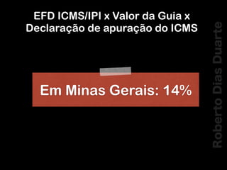 RobertoDiasDuarte
EFD ICMS/IPI x Valor da Guia x
Declaração de apuração do ICMS
Em Minas Gerais: 14%
 