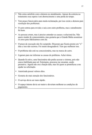 57
• Não estou satisfeito com a demora no atendimento. Apesar da cortesia no
tratamento essa espera é um aborrecimento e uma perda de tempo.
• Tem pouco funcionário para muita reclamação, por isso existe a demora para
resolução dos problemas.
• O carro entrou para revisão e saiu com outro problema, mas o atendimento
foi bom.
• As pessoas erram, mas é preciso entender as causas e solucioná-las. Não
quero mudar de concessionária, mas gostaria que a Grande Bahia assumisse
os erros para fidelizarmos com ela.
• O prazo de execução não foi cumprido. Disseram que ficaria pronto em “x”
dias e isso não ocorreu. Foi muito desagradável. Tem que melhorar isso.
• O problema não está na concessionária, mas na marca do carro.
• Ligaram para me informar as causas do problema. Achei ótimo.
• Quando lá estive, uma funcionária não podia acessar o sistema, pois não
estava habilitada para tal. Entretanto, procurou me encantar, sendo
prestativa. Aquela não era a função dela, mas foi quem se prontificou a me
ajudar na solicitação.
• Autorizada possui valores altos.
• Gostaria de mais atenção dos funcionários.
• O serviço devia ser mais rápido.
• O espaço interno devia ser maior e deveriam melhorar as condições de
pagamento.
 