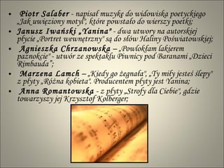 Piotr Salaber  - napisał muzykę do widowiska poetyckiego „Jak uwięziony motyl", które powstało do wierszy poetki; Janusz Iwański „Yanina"  - dwa utwory na autorskiej płycie „Portret wewnętrzny" są do słów Haliny Poświatowskiej; Agnieszka Chrzanowska  – „Powlokłam lakierem paznokcie" - utwór ze spektaklu Piwnicy pod Baranami „Dzieci Rimbauda”; Marzena Lamch  – „Kiedy go żegnała", „Ty miły jesteś ślepy" z płyty „Różna kobieta". Producentem płyty jest Yanina; Anna Romantowska  - z płyty „Strofy dla Ciebie", gdzie towarzyszy jej Krzysztof Kolberger;  