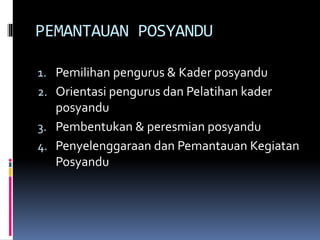 PEMANTAUAN POSYANDU
1. Pemilihan pengurus & Kader posyandu
2. Orientasi pengurus dan Pelatihan kader
posyandu
3. Pembentukan & peresmian posyandu
4. Penyelenggaraan dan Pemantauan Kegiatan
Posyandu
 