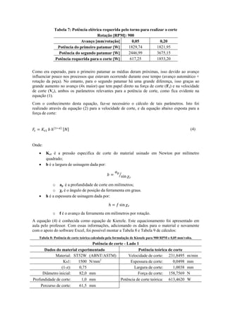 Tabela 7: Potência elétrica requerida pelo torno para realizar o corte
Rotação [RPM]: 900
Avanço [mm/rotação] 0,05 0,20
Potência do primeiro patamar [W] 1829,74 1821,95
Potência do segundo patamar [W] 2446,99 3675,15
Potência requerida para o corte [W] 617,25 1853,20
Como era esperado, para o primeiro patamar as médias deram próximas, isso devido ao avanço
influenciar pouco nos processos que estavam ocorrendo durante esse tempo (avanço automático +
rotação da peça). No entanto, para o segundo patamar há uma grande diferença, isso graças ao
grande aumento no avanço (4x maior) que tem papel direto na força de corte (Fc) e na velocidade
de corte (Vc), ambos os parâmetros relevantes para a potência de corte, como fica evidente na
equação (1).
Com o conhecimento desta equação, faz-se necessário o cálculo de tais parâmetros. Isto foi
realizado através da equação (2) para a velocidade de corte, e da equação abaixo exposta para a
força de corte:
( ) [ ] (4)
Onde:
 Ks1 é a pressão especifica de corte do material usinado em Newton por milímetro
quadrado;
 b é a largura de usinagem dada por:
⁄
o ap é a profundidade de corte em milímetros;
o χr é o ângulo de posição da ferramenta em graus.
 h é a espessura de usinagem dada por:
o f é o avanço da ferramenta em milímetros por rotação.
A equação (4) é conhecida como equação de Kienzle. Este equacionamento foi apresentado em
aula pelo professor. Com essas informações, adicionando os dados para o material e novamente
com o apoio do software Excel, foi possível montar a Tabela 8 e Tabela 9 de cálculos:
Tabela 8: Potência de corte teórica calculada pela formulação de Kienzle para 900 RPM e 0,05 mm/volta.
Potência de corte - Lado 1
Dados do material experimentado Potência teórica de corte
Material: ST52W (ABNT/ASTM) Velocidade de corte: 231,8495 m/min
Ks1: 1500 N/mm2
Espessura de corte: 0,0498 mm
(1-z): 0,75 Largura de corte: 1,0038 mm
Diâmetro inicial: 82,0 mm Força de corte: 158,7569 N
Profundidade de corte: 1,0 mm Potência de corte teórica: 613,4620 W
Percurso de corte: 61,5 mm
 