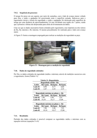 7.9.2. Sequência do processo:
O tarugo foi preso em um suporte, por meio de castanhas, com o lado de avanço menor voltado
para fora, e então o apalpador foi posicionado rente à superfície usinada. Indicou-se para o
rugosímetro iniciar a leitura da rugosidade, e então o apalpador foi deslocado pela superfície do
tarugo por uma distância de aproximadamente 5,6 mm, dividindo essa região em 7 partes, sendo
que a primeira e última são desprezadas para efeito de levantamento de dados.
Uma vez que os dados necessários foram coletados pelo rugosímetro, esse imprimiu na tela valores
de Ra, Ry máximo e Rz máximo. O mesmo procedimento foi realizado para o lado com avanço
maior.
A Figura 31 ilustra a montagem empregada para realizar as medições de rugosidade na peça.
Figura 31 - Montagem para a medição de rugosidade
7.10. Dados de rugosidade coletados:
Por fim, os dados coletados da rugosidade (média e máxima), através de medições sucessivas com
o rugosímetro, foram (Tabela 11):
Tabela 11- Rugosidades
Rugosidade média - Ra
Lados Ra1 (μm) Ra2(μm) Ra3(μm)
Lado 01 0,90 0,77 0,80
Lado 02 2,47 2,32 2,35
Rugosidade máxima no plano y - Ry
Lados Ry1 (μm) Ry2(μm) Ry3(μm)
Lado 01 7,90 5,90 7,93
Lado 02 14,10 14,17 15,06
Rugosidade máxima no plano z - Rz
Lados Rz1 (μm) Rz2(μm) Rz3(μm)
Lado 01 7,90 5,90 7,93
Lado 02 14,10 14,17 15,06
7.11. Resultados
Partindo dos dados coletados é possível comparar as rugosidades média e máximas com as
equações teóricas (equações 5 e 6):
 