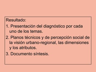 Resultado:
1. Presentación del diagnóstico por cada
  uno de los temas.
2. Planos técnicos y de percepción social de
  la visión urbano-regional, las dimensiones
  y los atributos.
3. Documento síntesis.
 