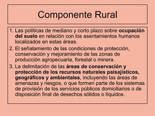 Componente Rural
1. Las políticas de mediano y corto plazo sobre ocupación
   del suelo en relación con los asentamientos humanos
   localizados en estas áreas.
2. El señalamiento de las condiciones de protección,
   conservación y mejoramiento de las zonas de
   producción agropecuaria, forestal o minera.
3. La delimitación de las áreas de conservación y
   protección de los recursos naturales paisajísticos,
   geográficos y ambientales, incluyendo las áreas de
   amenazas y riesgos, o que formen parte de los sistemas
   de provisión de los servicios públicos domiciliarios o de
   disposición final de desechos sólidos o líquidos.
 