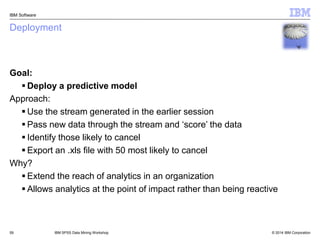 © 2014 IBM Corporation 
IBM Software 
59 
IBM SPSS Data Mining Workshop 
Deployment 
Goal: 
Deploy a predictive model App...