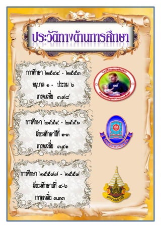 การศึกษา ๒๕๔๔ - ๒๕๕๓
อนุบาล ๑ - ประถม ๖
เกรดเฉลี่ย ๓.๙๘
การศึกษา ๒๕๕๔ - ๒๕๕๖
มัธยมศึกษาปีที่ ๑-๓
เกรดเฉลี่ย ๓.๔๑
การศึกษา ๒๕๕๙๗ - ๒๕๕๙
มัธยมศึกษาปที่ ๔-๖
เกรดเฉลี่ย ๓.๓๓
 