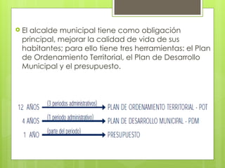  El alcalde municipal tiene como obligación
principal, mejorar la calidad de vida de sus
habitantes; para ello tiene tres herramientas: el Plan
de Ordenamiento Territorial, el Plan de Desarrollo
Municipal y el presupuesto.
 
