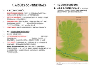 4. AIGÜES CONTINENTALS                                       • 4.2 DISTRIBUCIÓ EN :
                                                                       1. 4.2.1 A. SUPERFICIALS:                 A. SALVATGES
•   4.1 COMPOSICIÓ:                                                       ->RIEROLS -> TORRENTS ->RIUS => XARXA DRENATGE (
                                                                          CONJUNT CURSOS QUE DESGUASSEN EN RIU).
•   SUBSTÀNCIES DISSOLTES : PROVÉ DE ROQUES, ATMOSFERA,
    METABOLISME D’ÉSSERS VIUS I ANTROPOGÈNICA.
•   DEPÈN DE VARIABLES: TIPUS D’AIGUA( SUBT., O SUPERF.), ZONA
    GEOGRÀFICA I ESTACIÓ D’ANY.
•   PRINCIPALS IONS: MAJORITARIS( 1-1000 ppm: Na+,, Ca2+, Mg2+,
    BICARBONAT,SULFAT ).              SECUNDARIS (0,1-10 ppm :
    Fe 2+,Fe3+,....) TRAÇA ( < 10-3 ppm: Be, Bi......).

•   CONTÉ A MÉS : PARTÍCULES D’ARGILES I MATÈRIA ORGÀNICA.

o   4.1.1 CONSTITUENTS INORGÀNICS:
o   SEGONS % EN 2 TIPUS:
•   -D’ESCOLAMENT SUPERFICIAL:                        DEPÈN DEL
    TRAM DEL RIU .                      TARDOR I HIVERN => +
    COMPOSTOS ORGÀNICS. ESTIU: + CONCENTRACIÓ DE SALS.
•   - DEL SUBSÒL: % VARIABLE.: A + PROFUNDITAT => + ELEMENTS
    MINERALS I – ORGÀNICS ( AUTODEPURACIÓ).
    AIGUA MINERAL NATURAL: EXCEDEIX UNA DETERMINADA
    CONCENTRACIÓ ( + DE 1 g./L DE SÒLIDS DISSOLTS O + DE 1g/L DE CO2
    )=> PODEN SER -> CARBONATADES, SULFURADES, IODADES,
    FERRUGINOSES...
 