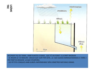 TRE
LISÍME




 RECIPIENT PLE DE TERRA , AMB PLANTES O SENSE , QUE TÉ UN FORAT A LA PART INFERIOR:
 - AL REGAR-LO ES MESURA L’AIGUA QUE SURT PER SOTA , LA QUE QUEDA EMMAGATZEMADA A TERRA I
 PER TANT ES DEDUEIX LA QUE S’EVAPORA.
 - LES PETITES CONQUES AMB SUBSÒL IMPERMEABLE SÓN LISÍMETRES NATURALS GRANS.
 