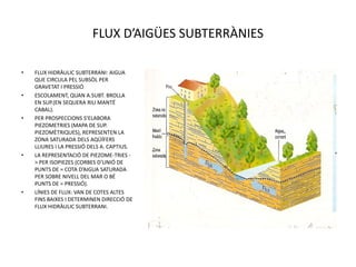FLUX D’AIGÜES SUBTERRÀNIES

•   FLUX HIDRÀULIC SUBTERRANI: AIGUA
    QUE CIRCULA PEL SUBSÒL PER
    GRAVETAT I PRESSIÓ
•   ESCOLAMENT, QUAN A.SUBT. BROLLA
    EN SUP.(EN SEQUERA RIU MANTÉ
    CABAL).
•   PER PROSPECCIONS S’ELABORA
    PIEZOMETRIES (MAPA DE SUP.
    PIEZOMÈTRIQUES), REPRESENTEN LA
    ZONA SATURADA DELS AQÜÍFERS
    LLIURES I LA PRESSIÓ DELS A. CAPTIUS.
•   LA REPRESENTACIÓ DE PIEZOME-TRIES -
    > PER ISOPIEZES (CORBES D’UNIÓ DE
    PUNTS DE = COTA D’AIGUA SATURADA
    PER SOBRE NIVELL DEL MAR O BÉ
    PUNTS DE = PRESSIÓ).
•   LÍNIES DE FLUX: VAN DE COTES ALTES
    FINS BAIXES I DETERMINEN DIRECCIÓ DE
    FLUX HIDRÀULIC SUBTERRANI.
 