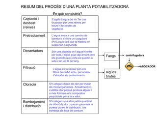 RESUM DEL PROCÉS D’UNA PLANTA POTABILITZADORA
                   En què consisteix?
Captació i        S’agafa l’aigua del riu Ter i es
desbast           fa passar per unes reixes per
                  treure’n les restes de
(reixes)          vegetació.

Pretractament     L’aigua entra a una cambra de
                  barreja o s’hi tira un coagulant
                  (PAC) que farà que la matèria en
                  suspensió s’agrumolli.

Decantadors       Són uns dipòsits on l’aigua hi entra
                  per sota, l’aigua puja cap amunt però            centrifugadora
                  els grumolls que porta es queden a
                                                          Fangs
                  sota i fan un llit de fang.

                                                                             ABOCADOR
Filtració          L’aigua es fa passar per uns
                   filtres de carbó actiu, per acabar     aigües
                   d'absorbir els contaminants.           brutes

Cloració        S’hi afegeix diòxid de clor per matar
                els microorganismes. Actualment no
                s’utilitza clor perquè produïa algues i
                a més formava uns compostos
                perjudicials per a la a salut.

Bombejament     S’hi afegeix una altra petita quantitat
                de diòxid de clor , que en garanteix la
i distribució   puresa durant la distribució, i es
                bombeja als llocs de consum.
 