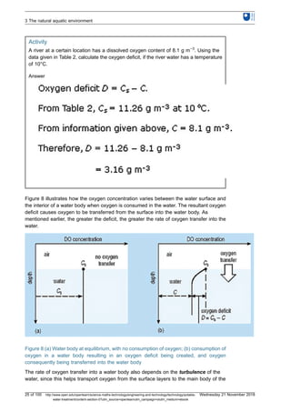 Activity
A river at a certain location has a dissolved oxygen content of 8.1 g m−3
. Using the
data given in Table 2, calculate the oxygen deficit, if the river water has a temperature
of 10°C.
Answer
Figure 8 illustrates how the oxygen concentration varies between the water surface and
the interior of a water body when oxygen is consumed in the water. The resultant oxygen
deficit causes oxygen to be transferred from the surface into the water body. As
mentioned earlier, the greater the deficit, the greater the rate of oxygen transfer into the
water.
Figure 8 (a) Water body at equilibrium, with no consumption of oxygen; (b) consumption of
oxygen in a water body resulting in an oxygen deficit being created, and oxygen
consequently being transferred into the water body
The rate of oxygen transfer into a water body also depends on the turbulence of the
water, since this helps transport oxygen from the surface layers to the main body of the
3 The natural aquatic environment
25 of 100 http://www.open.edu/openlearn/science-maths-technology/engineering-and-technology/technology/potable-
water-treatment/content-section-0?utm_source=openlearnutm_campaign=olutm_medium=ebook
Wednesday 21 November 2018
 