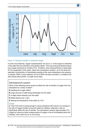 Figure 11 Seasonal variation of dissolved oxygen
In some circumstances, oxygen supersaturation can occur, i.e. more oxygen is dissolved
in the water than the saturation concentration allows. This occurs because plants produce
pure oxygen (whereas air contains 21%). Therefore, when photosynthesis is responsible
for the oxygenation of the water, rather than atmospheric aeration, up to five times the
saturation concentration is theoretically possible at the same temperature and pressure.
In practice, 500% is never attained, but up to 200% has been recorded, in a shallow river
with profuse plant growth, on bright sunny days.
Self-assessment question
Which of the following events would not affect the rate of transfer of oxygen from the
atmosphere to a body of water?
A Doubling the oxygen deficit.
B Large amounts of salts being discharged into the water.
C A slight breeze blowing over the water.
D Water flowing over a weir.
E Raising the temperature of the water by 10°C.
Answer
C. Only if the wind is strong enough to cause turbulence will it result in an increase in
the rate of oxygen transfer across the water-air interface; otherwise it will not
significantly affect the rate of transfer. The atmosphere contains approximately 21%
oxygen by volume so there is always plenty of oxygen in the air immediately above the
interface, even when the air is not moving.
3 The natural aquatic environment
28 of 100 http://www.open.edu/openlearn/science-maths-technology/engineering-and-technology/technology/potable-
water-treatment/content-section-0?utm_source=openlearnutm_campaign=olutm_medium=ebook
Wednesday 21 November 2018
 
