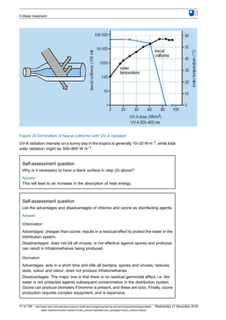 Figure 30 Elimination of faecal coliforms with UV-A radiation
UV-A radiation intensity on a sunny day in the tropics is generally 10–20 W m−2
, while total
solar radiation might be 500–800 W m−2
.
Self-assessment question
Why is it necessary to have a black surface in step (2) above?
Answer
This will lead to an increase in the absorption of heat energy.
Self-assessment question
List the advantages and disadvantages of chlorine and ozone as disinfecting agents.
Answer
Chlorination
Advantages: cheaper than ozone; results in a residual effect to protect the water in the
distribution system.
Disadvantages: does not kill all viruses; is not effective against spores and protozoa;
can result in trihalomethanes being produced.
Ozonation
Advantages: acts in a short time and kills all bacteria, spores and viruses; reduces
taste, colour and odour; does not produce trihalomethanes.
Disadvantages: The major one is that there is no residual germicidal effect, i.e. the
water is not protected against subsequent contamination in the distribution system.
Ozone can produce bromates if bromine is present, and these are toxic. Finally, ozone
production requires complex equipment, and is expensive.
5 Water treatment
71 of 100 http://www.open.edu/openlearn/science-maths-technology/engineering-and-technology/technology/potable-
water-treatment/content-section-0?utm_source=openlearnutm_campaign=olutm_medium=ebook
Wednesday 21 November 2018
 