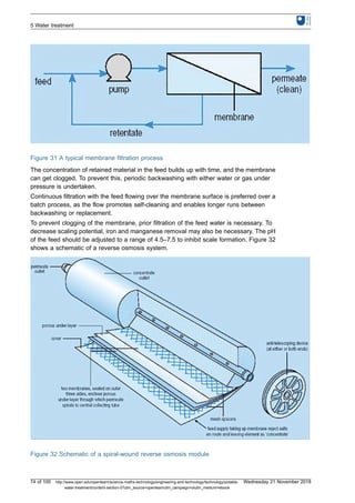 Figure 31 A typical membrane filtration process
The concentration of retained material in the feed builds up with time, and the membrane
can get clogged. To prevent this, periodic backwashing with either water or gas under
pressure is undertaken.
Continuous filtration with the feed flowing over the membrane surface is preferred over a
batch process, as the flow promotes self-cleaning and enables longer runs between
backwashing or replacement.
To prevent clogging of the membrane, prior filtration of the feed water is necessary. To
decrease scaling potential, iron and manganese removal may also be necessary. The pH
of the feed should be adjusted to a range of 4.5–7.5 to inhibit scale formation. Figure 32
shows a schematic of a reverse osmosis system.
Figure 32 Schematic of a spiral-wound reverse osmosis module
5 Water treatment
74 of 100 http://www.open.edu/openlearn/science-maths-technology/engineering-and-technology/technology/potable-
water-treatment/content-section-0?utm_source=openlearnutm_campaign=olutm_medium=ebook
Wednesday 21 November 2018
 