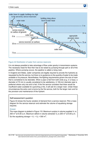 Figure 42 Distribution of water from service reservoirs
It is not always possible to take advantage of flow under gravity in transmission systems.
The necessary head for flow then has to be raised by pumping through part or all of the
pipeline. Where pumping occurs, the pipeline is called a rising main.
In England and Wales, water companies are legally required to provide fire hydrants as
requested by the fire service, but there is no guidance on the quantity of water to be made
available or its pressure. Nevertheless, fire-fighting requirements govern the size of main
that is considered to be desirable. When a pipe is fed from both ends (e.g. in a loop), a
diameter of 75 mm is usually considered to be satisfactory. A 100-mm diameter pipe is
preferred where only one end is fed. If the fire service considers that there would be
insufficient water available for quenching a fire, it will ask for a larger main. Under these
circumstances the extra cost is borne by the fire service, both for the larger main and for
the provision and maintenance of the hydrant.
Self-assessment question
Figure 43 shows the hourly variation of demand from a service reservoir. Plot a mass
diagram for the service reservoir and estimate the volume of equalising storage
required.
Answer
The mass diagram is plotted in Figure 110. Maximum surplus in volume supplied V1 is
300 m3
at 6.00 a.m. Maximum deficit in volume extracted V2 is 200 m3
at 8.00 p.m.
So the equalising storage = V1 + V2 = 500 m3
.
6 Water supply
92 of 100 http://www.open.edu/openlearn/science-maths-technology/engineering-and-technology/technology/potable-
water-treatment/content-section-0?utm_source=openlearnutm_campaign=olutm_medium=ebook
Wednesday 21 November 2018
 