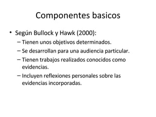 Componentes basicos Según Bullock y Hawk (2000): Tienen unos objetivos determinados. Se desarrollan para una audiencia particular. Tienen trabajos realizados conocidos como evidencias. Incluyen reflexiones personales sobre las evidencias incorporadas. 