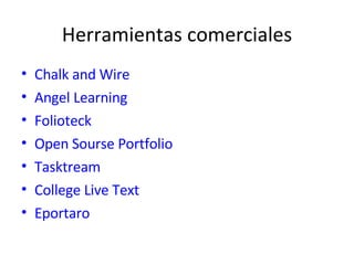Herramientas comerciales Chalk and Wire Angel Learning Folioteck Open Sourse Portfolio Tasktream College Live Text Eportaro 