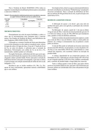 6 ARQUIVO DO AGRÔNOMO Nº 6 - SETEMBRO/94
Para o Nordeste do Brasil, MARINHO (1981) indica as
seguintes recomendações de adubação potássica para a cana-planta
e cana-soca (Tabela 11).
Tabela 11. Recomendação de adubação potássica para cana-planta e cana-soca
na região Nordeste do Brasil, com base na análise do solo.
K no solo Cana-planta Cana-soca
(ppm) - - - - - - - - - - - K2
O (kg/ha) - - - - - - - - - - -
0-40 140 140
41-80 100 120
81-160 60 100
MICRONUTRIENTES
Principalmente nos solos de menor fertilidade, o cobre e o
zinco são os micronutrientes mais limitantes para a cana-de-
açúcar. Nos Estados do Nordeste do Brasil, suas deficiências são
mais freqüentes (ORLANDO FILHO, 1993).
Utilizando-se o extrator Carolina do Norte para determinar
os níveis dos elementos no solo, pode-se considerar como críticos
0,8 ppm de cobre e 0,5 ppm de zinco. O uso de 5-7 kg/ha de Zn ou
de Cu, no sulco de plantio, é suficiente para a correção da
deficiência. Pulverizações com sulfato de Cu ou de Zn a 1%,
neutralizados, também podem ser utilizadas.
Na região Sul do país, a deficiência de ferro que ocorre ape-
nasnoiníciodabrotaçãodassoqueirasédeocorrênciaefêmera,não
chegando a afetar a produtividade. Porém, tanto para a correção da
deficiência de ferro como para a de manganês, o que mais se utiliza
é a pulverização com solução neutralizada de sulfato de ferro ou de
manganês, a 1%.
Ressalte-se que os óxidos metálicos (Fe, Mn, Cu, Zn),
apesar de mais concentrados, apresentam menores solubilidades
que os sais sulfatos.
Emrelaçãoaoboro,observa-sequeossintomasdedeficiência
são muito semelhantes aos da doença "Pokkah boeng" causada pelo
Fusarium moniliforme. Para a correção da deficiência de boro
deve-se utilizar 20-30 kg de bórax/ha no solo, ou pulverização com
ácido bórico 0,5%.
RESÍDUOS AGROINDUSTRIAIS
A fabricação de açúcar e de álcool gera uma série de
resíduos dos quais, para o uso agrícola, os principais são a torta de
filtro e a vinhaça.
Na fabricação de açúcar, a partir de 1 t de cana se obtém
35 kg de torta de filtro. Cada litro de álcool produzido gera de 10
a 13 litros de vinhaça, ou seja, de 700 a 900 litros por tonelada de
cana, quando se trata de destilaria autônoma.
Ambososresíduossãopredominantementeorgânicos,sendo
que a torta de filtro é rica em fósforo e cálcio, e muito pobre em
potássio. Já a vinhaça é extremamente rica em potássio e muito
pobre em fósforo.
A torta de filtro pode ser utilizada nas lavouras canavieiras
em área total (80-100 t/ha), em pré-plantio; no sulco de plantio (10-
20 t/ha) ou nas entre-linhas (40-50 t/ha), antecedendo-se o trato
cultural das soqueiras, com excelentes reflexos na elevação da
produtividade.
A vinhaça, dependendo de sua composição química e da
fertilidade do solo, é aplicada por veículos-tanque (60-120 m3
/ha)
ou por irrigação-aspersão (150-250 m3
/ha), também contribuindo
para o aumento da produtividade e longevidade dos canaviais.
Tanto a vinhaça quanto a torta de filtro, quer pelos efeitos
positivos na produtividade da cana, quer pelo valor fertilizante que
possuem, podem ser consideradas mais como sub-produtos do que
como resíduos.
 