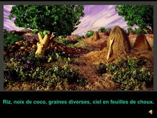 Riz, noix de coco, graines diverses, ciel en feuilles de choux.