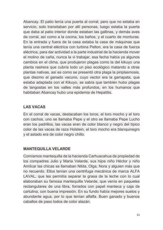 11
Abancay. El patio tenía una puerta al corral, pero que no estaba en
servicio, solo transitaban por allí personas, luego estaba la puerta
que daba al patio interior donde estaban las gallinas, y demás aves
de corral, así como a la cocina, los baños, y el cuarto de monturas.
En la entrada y fuera de la casa estaba la casa de máquinas que
tenía una central eléctrica con turbina Pelton, era la casa de fuerza
eléctrica, para dar actividad a la parte industrial de la hacienda mover
el molino de caña, nunca la vi trabajar, esa fecha había ya algunos
cambios en el clima, que produjeron plagas como la del kikuyo una
planta rastrera que cubría todo un piso ecológico matando a otras
plantas nativas, así es como se presentó otra plaga la piriplasmosis,
que diezmo el ganado vacuno, cuyo vector era la garrapata, que
estaba adaptada con el Kikuyo, se sabía que también hubo plagas
de langostas en los valles más profundos, en los humanos que
habitaban Abancay hubo una epidemia de Hepatitis.
LAS VACAS
En el corral de vacas, destacaban los toros, el toro mocho y el toro
con cachos, uno se llamaba Pepe y el otro se llamaba Pepe Lucho
eran los padrillos, las vacas eran de color blanco y negro del típico
color de las vacas de raza Holstein, el toro mocho era blanquinegro
y el astado era de color negro chillo.
MANTEQUILLA VELARDE
Comíamos mantequilla de la hacienda Carhuacahua de propiedad de
los compadres Julio y Maria Velarde, sus hijos niño Héctor y niño
Amílcar las chicas se llamaban Nilda, Olga, Nora y alguien más que
no recuerdo. Ellos tenían una centrifuga mecánica de marca ALFA
LAVAL, que les permitía separar la grasa de la leche con lo cual
elaboraban su famosa mantequilla Velarde, que venía en paquetes
rectangulares de una libra, forrados con papel manteca y caja de
cartulina, con buena impresión. En su fundo había mejores suelos y
abundante agua, por lo que tenían alfalfa. Buen ganado y buenos
caballos de paso todos de color alazán.
 